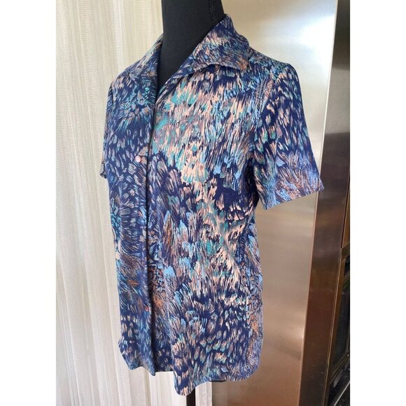 Vintage 70s top, blue, tan, pink abstract pattern, short sleeves blouse - Picture 2 of 8